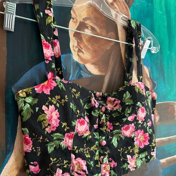 Parisian Black and Pink Floral Tank Top Cropped M - Picture 7 of 10